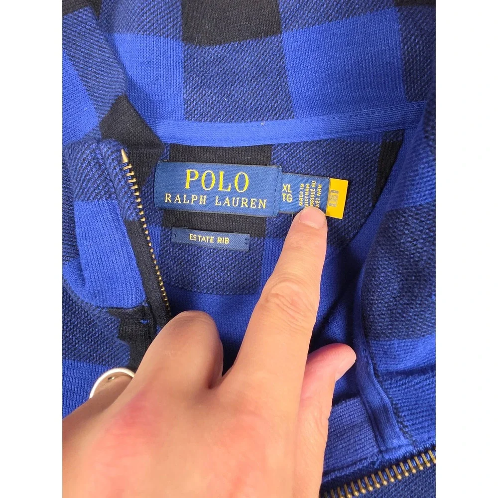 Polo Ralph Lauren Quarter Zip Sweater Men XL Blue Check Estate Rib Buffalo Plaid